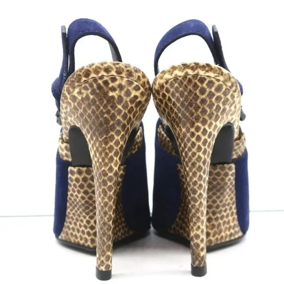 BOTTEGA VENETA SLINGBACK SANDALS NAVY SUEDE AND NATURAL SNAKESKIN SIZE 39 NEW - Picture 8 of 11